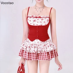 Y2k Sexy 2 Piece Set Women Sweet Sleeveless Floral Camisole Red Vest Mini Plaid Skirt Suit Korean Female Elegant Casual Outfits