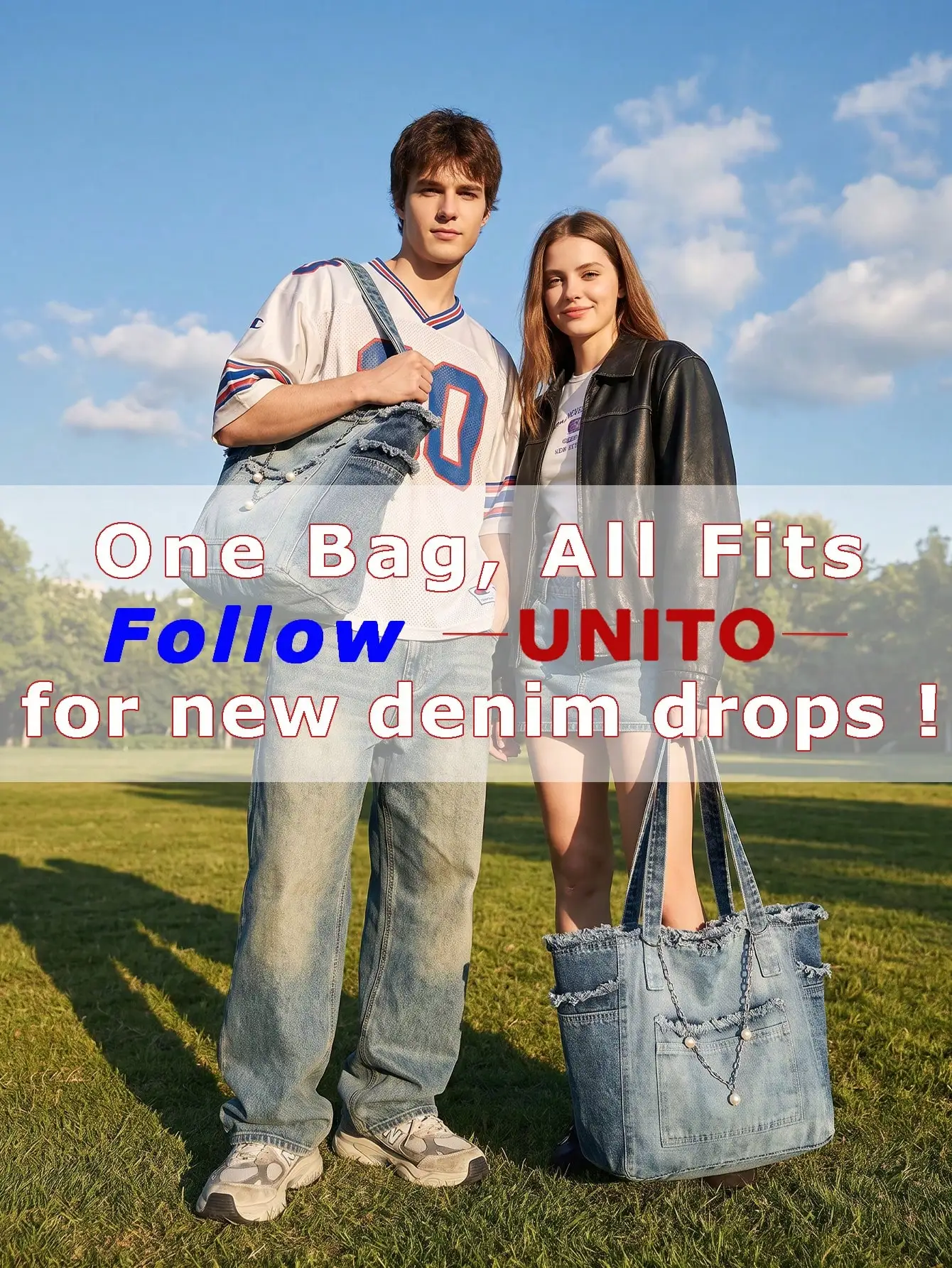 Fashion Personalized Street Chain Decorated Jeans Tote Bag,Versatile Commuting Large Capacity Raw Edge Design Shoulder Bag,Casual Multi-Pocket Handbag