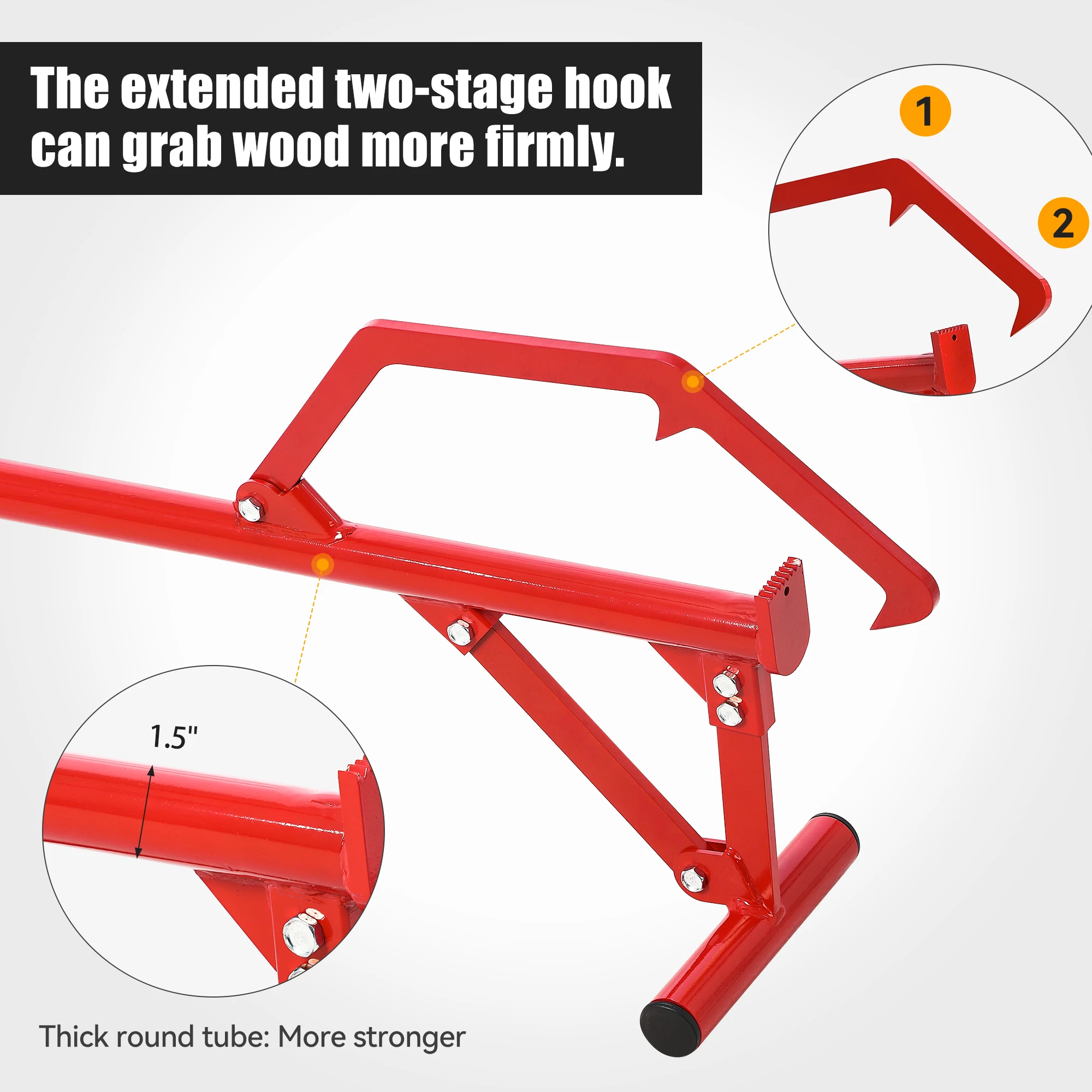 أداة دوارة طويلة مقاس 51 بوصة، خطاف من الفولاذ شديد التحمل للسجلات، رافع سجل قابل للتعديل مع مقبض غير قابل للانزلاق مقاس 11 بوصة