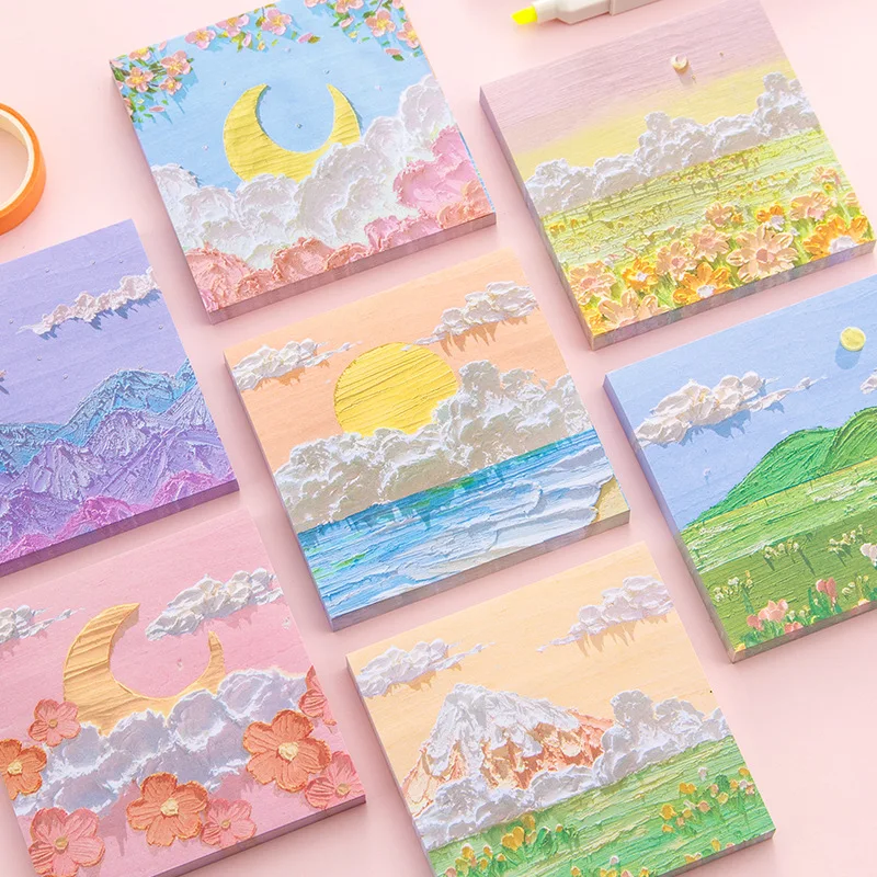 80Sheets Oil Painting Landscape Writing Paper Sticky Memo Pad Message Decorative Notepad PaperStationery Office Supplies