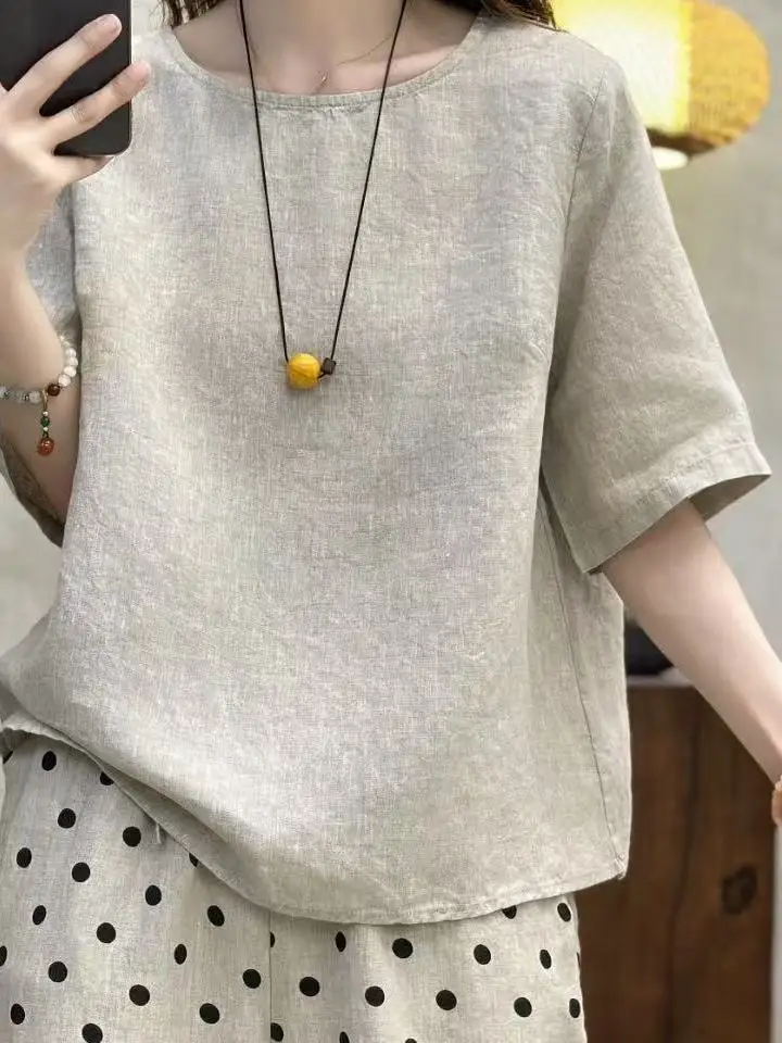 リネン オルト スヴェ ティルト ピュアカラー ウィーブ ルーズ スリミング トップ レディース アーティスティック シン イルト 通勤 スレ ラウンド ネ レギュラー L...