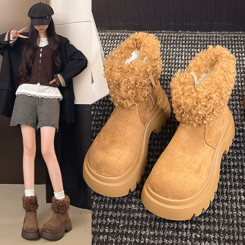 

Fashion Ankle Boots Female Winter Casual ZIP Shoes Woman Square Mid Heels Solid Cow Suede Fur Sock Boots Plus Size
