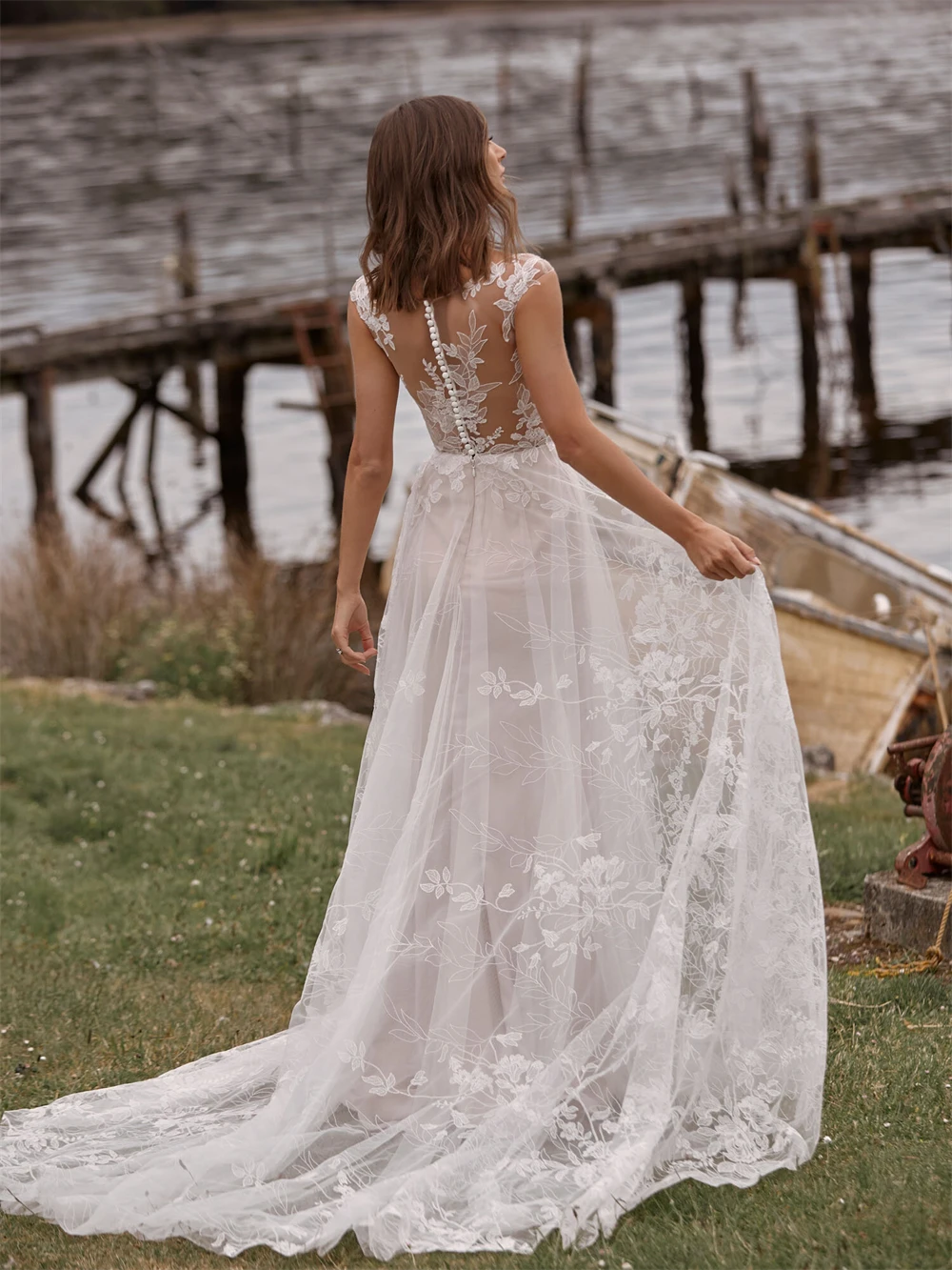 Vestido De Novia bohemio De tul elegante, traje sin mangas, corte en A, cuello en V, largo hasta el suelo, 2024