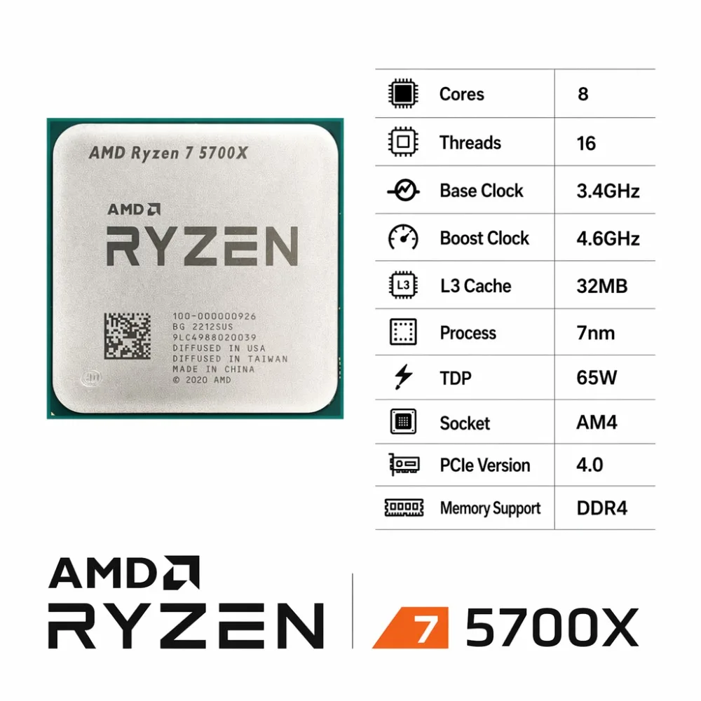 AMD Ryzen 7 5700X Desktop CPU 8 Core 16 Thread 3.4GHz 7NM 32MB L3 Cache 65W Socket AM4 PCIe 4.0 Processor New Without Cooler