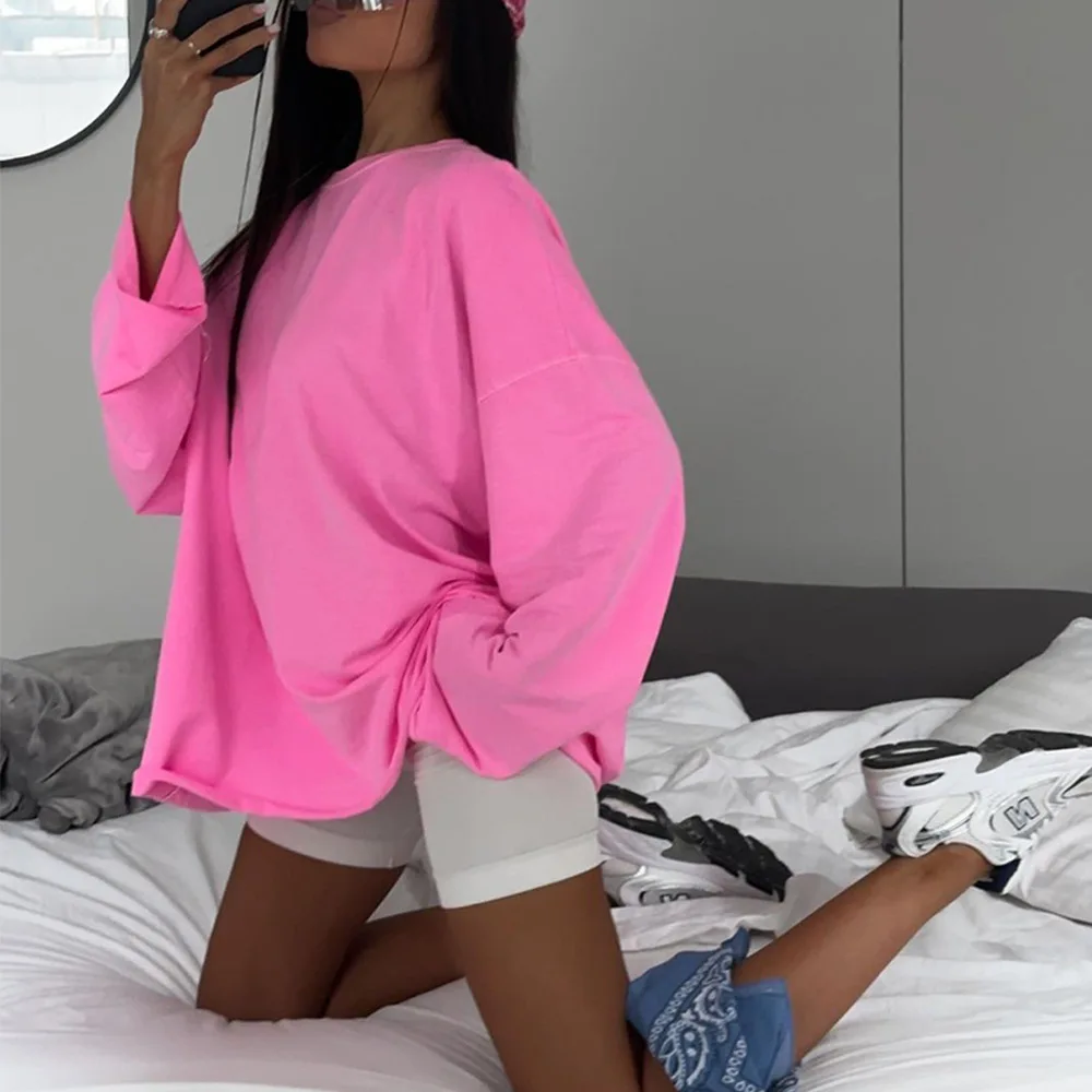 Europeu e americano 2025 primavera nova rosa manga longa solta cor sólida base de malha camiseta