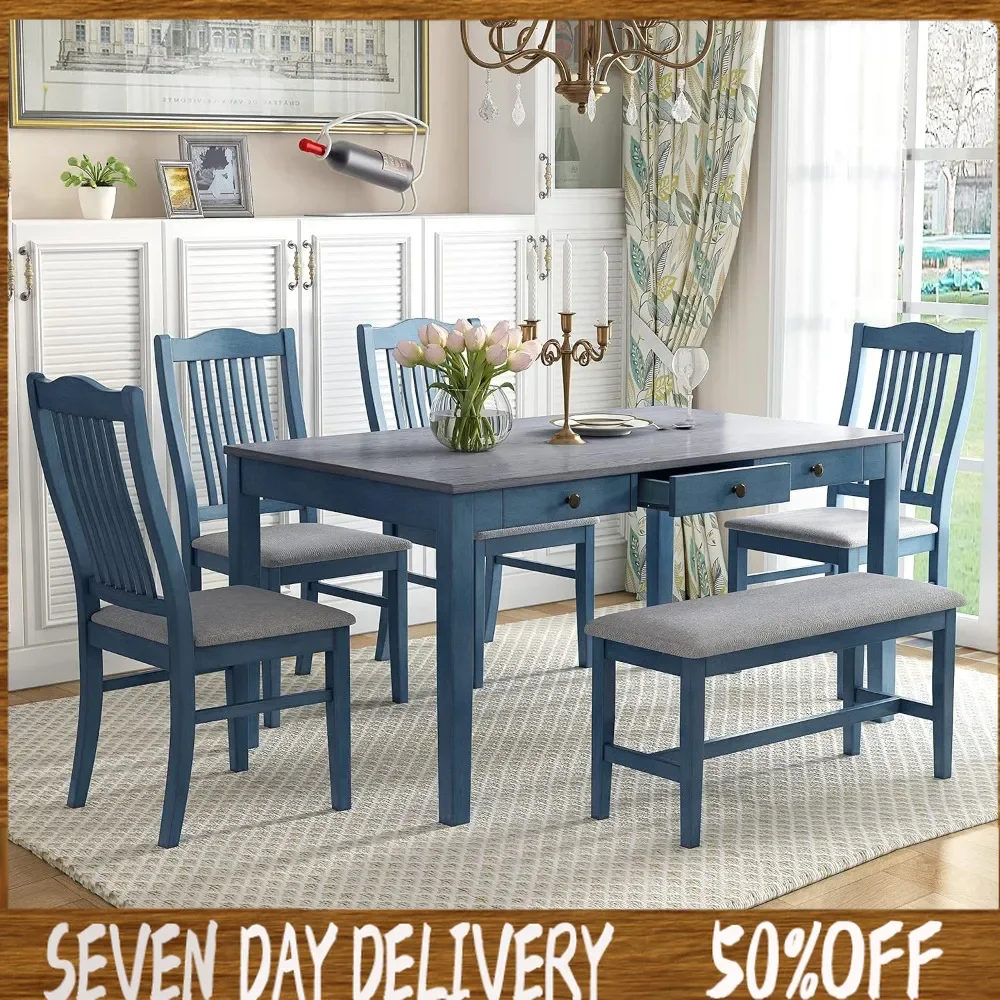 

6-Piece Wood Dining Table Set with Drawers, Upholstered Chairs and Bench, Kitchen Table and Chairs for Dining Room, Living Room