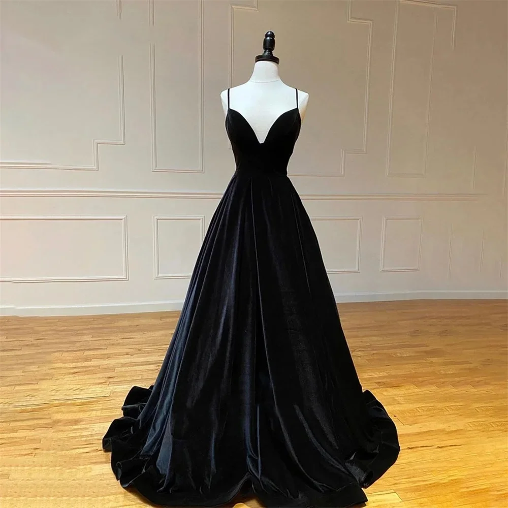 Black A-Line Special Occasion Dresses Velvet Long Formal Gown Spaghetti Strap V Neck Evening Dresses vestidos de fiesta