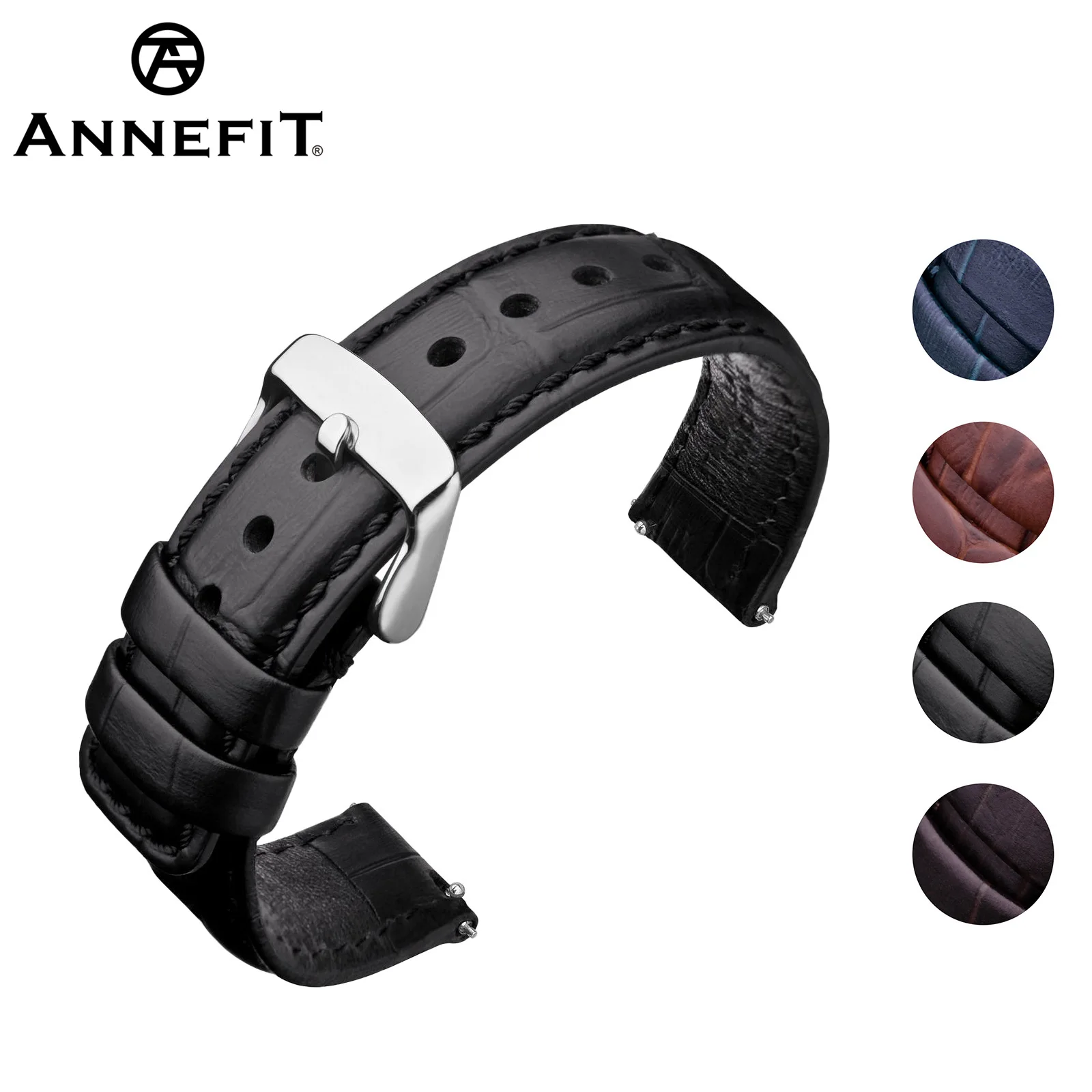 

ANNEFIT Quick Release Leather Watch Bands 18mm 20mm 22mm 24mm Alligator Grain Calfskin Replacement Strap