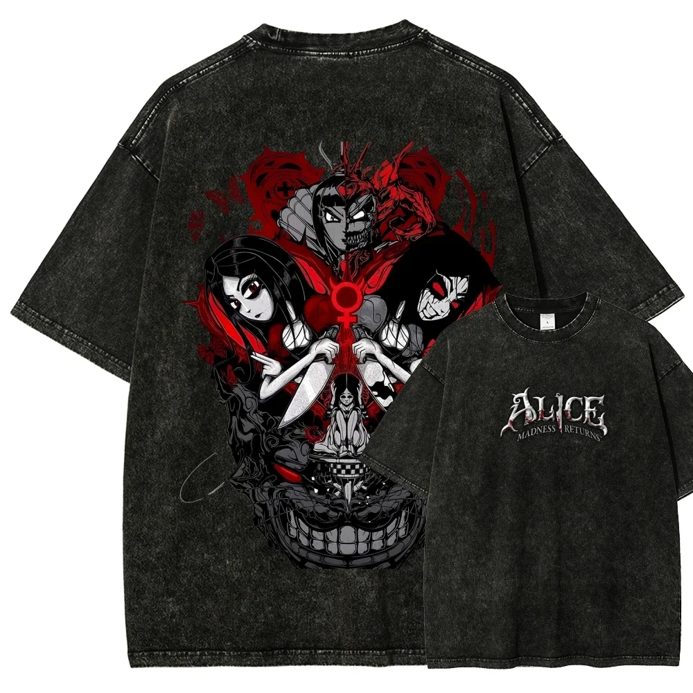 Dark Gothic Alice Madness Returns T-Shirt American McGee Game Washed Vintage Unisex Kurzarm Oversized Streetwear Tees Tops – Detail 4