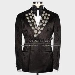 Luxury Groom Wedding Suits For Men Handmade Sliver Beaded Black Floral Jacket Pants 2 Pieces Man Tuxedos Tailored costume homme