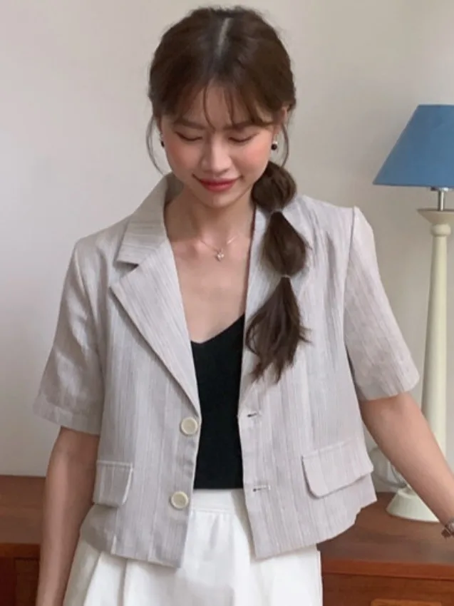 

Chic Retro Color Blo Stripe ort Sve Suit Jaet Women's Turn-down Collar Single Button Slim Fit Summer Outerwear