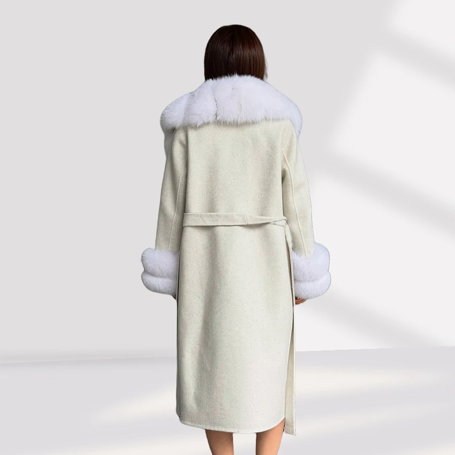 Casacos de lã branca casaco de caxemira real com acabamento de pele de raposa longo misturas de lã casaco de lã de alta qualidade feminino