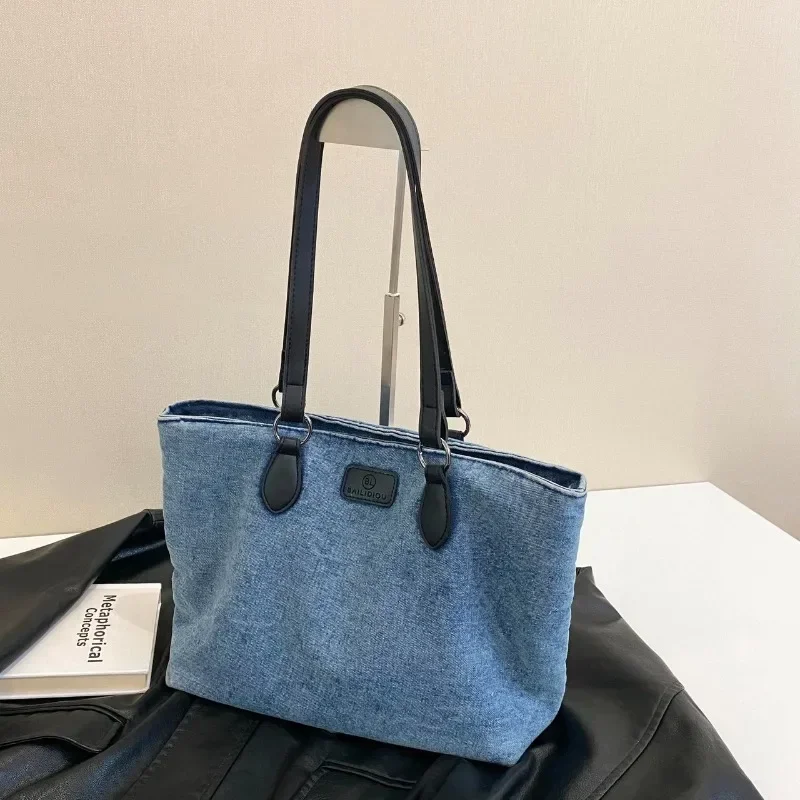 

Fashion Versatile Solid Denim Large Capacity Women's Shoulder Bags High Quality Commute Casual Retro Women's Casual Tote Bags