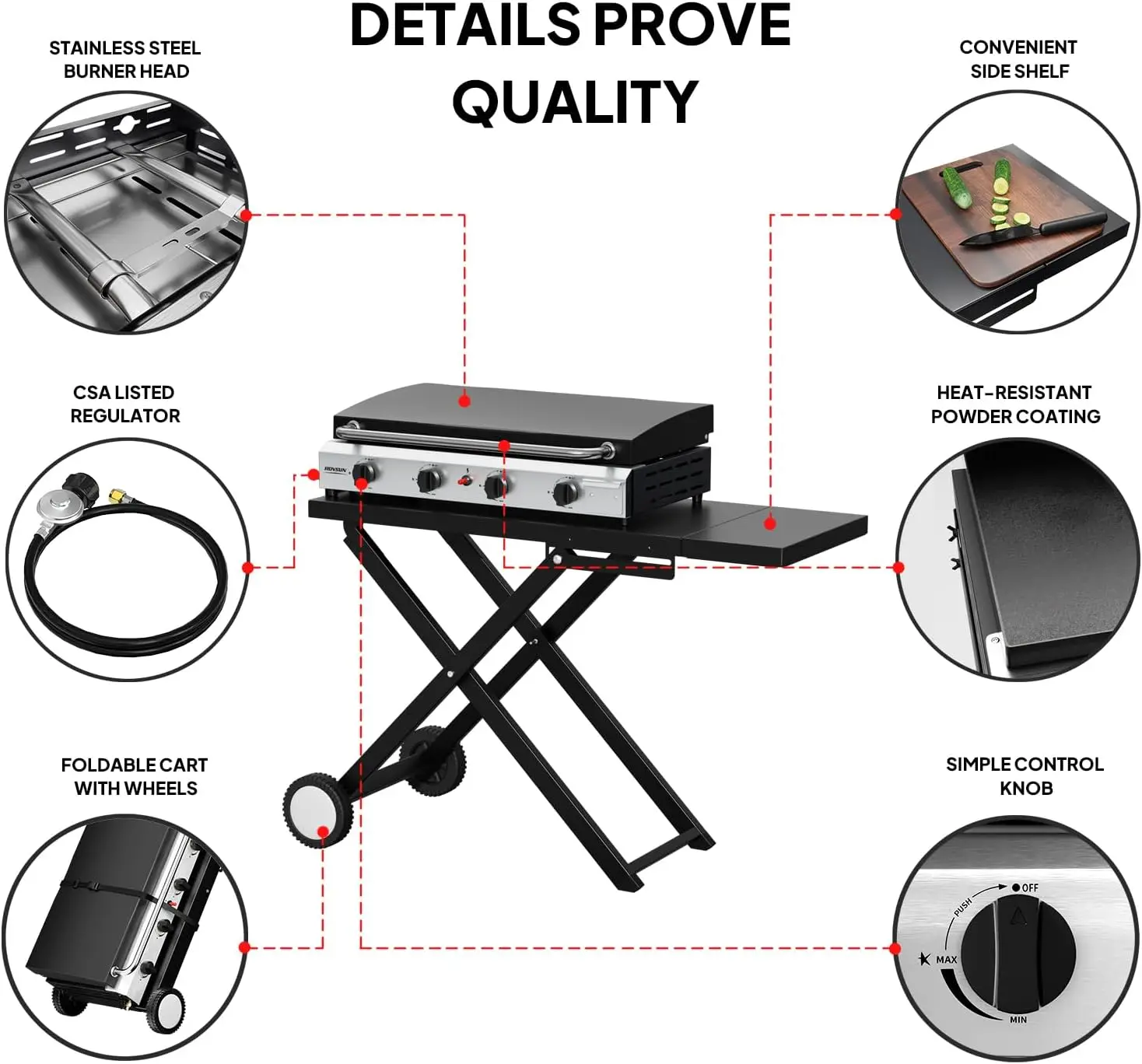 Flat Top Gas Grill with 40,000 BTU Output, Foldable Design, Enameled Griddle, and Lid
