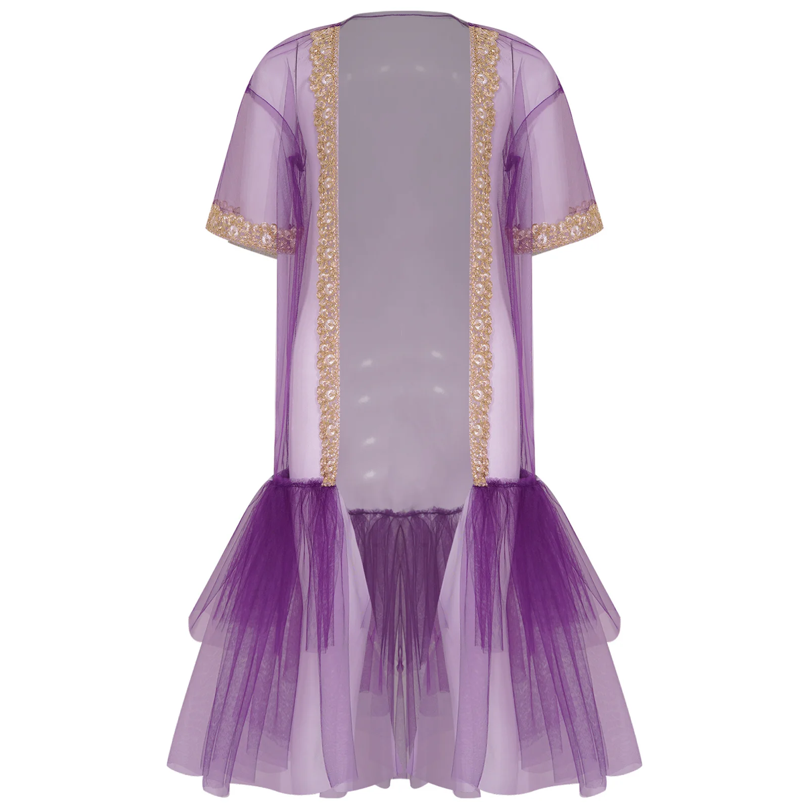 Kids Girl Glittery Embroidered Applique Trim Tulle Cloak Elegant Short Sleeve Open Front Ruffled Dress for Wedding Party Banquet image 3