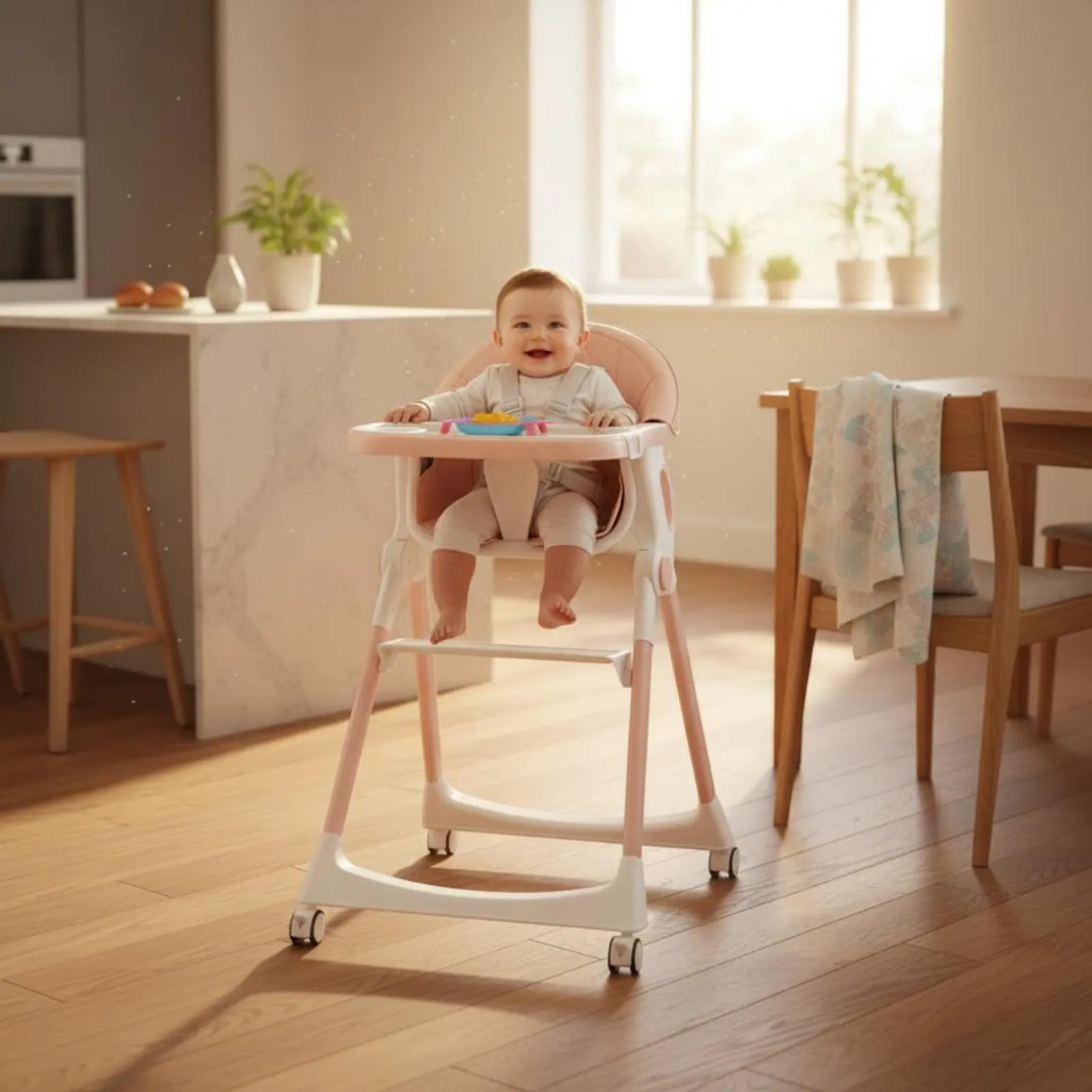 Adjustable Baby Dining Chair Locking Wheels Foldable Baby High Chair Adjustable Child Seat Soft PU Padding Multi-Functional