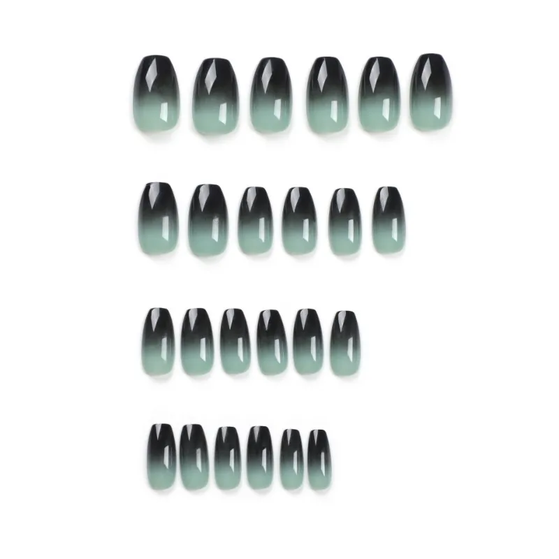 24 Stks/set Zwarte Groene Gradiënt Pers Op Nagels Korte Middelgrote Vierkante Kist Acryl Valse Nagels Met Ontwerp Goedkope Stick-On Nail Art