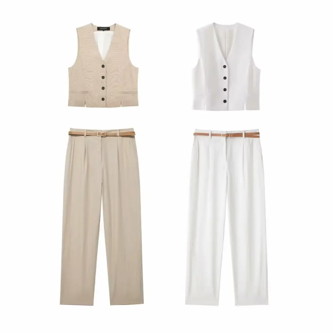 

Women's 2-piece Suit 2024 New Fashion and Leisure Joker Linen Blended Vest Top+women's Suit With Belt Straight Pants