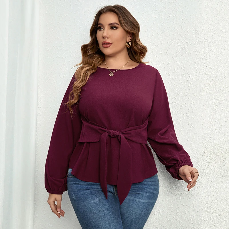 Della Mel-blusa informal de manga larga para mujer, top liso con cuello redondo, talla grande, elegante, a la moda, para oficina