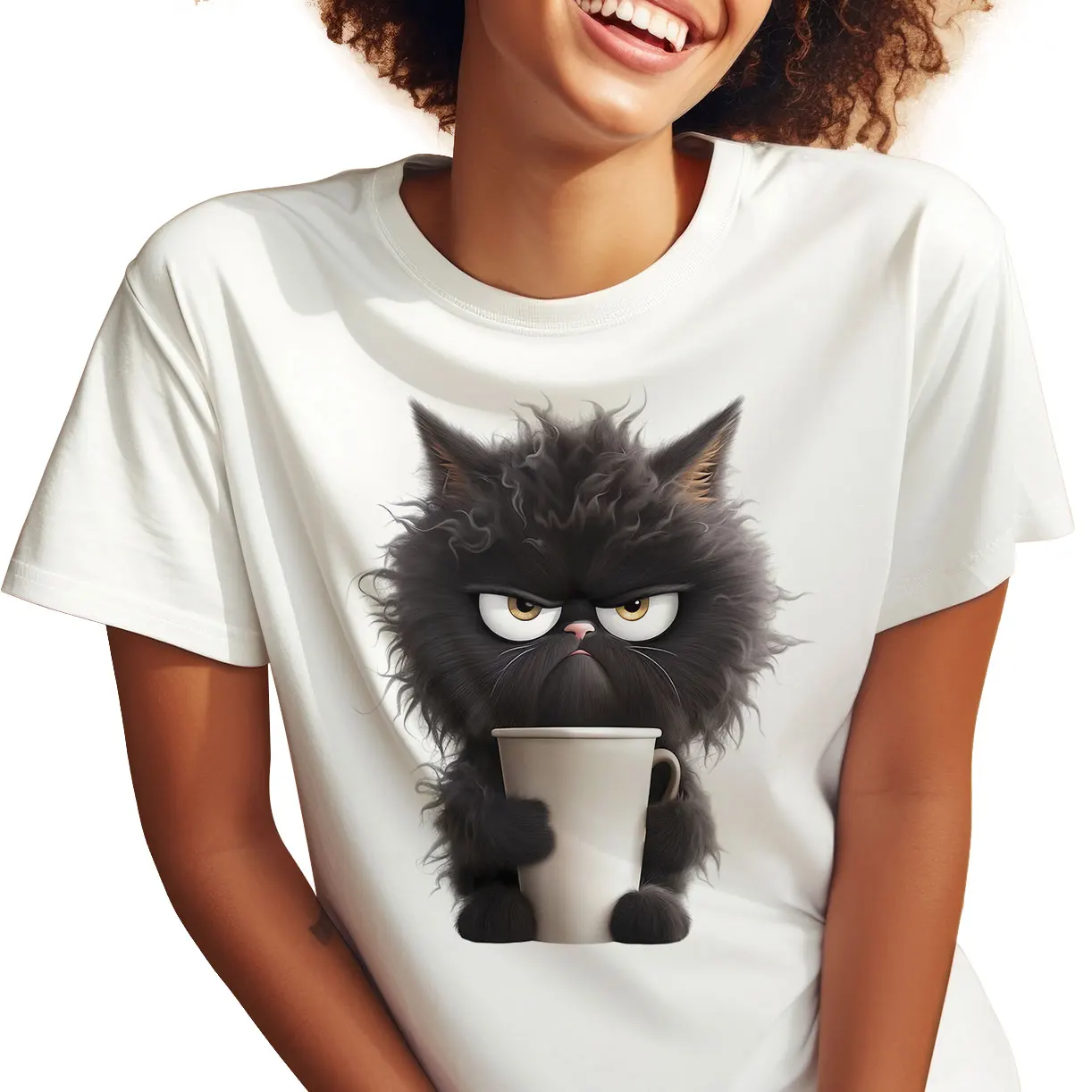 Cat T-Shirt, Sarcastic Black Cat Graphic Tee, Comfy Casual Short Sleeve Shirt, Trendy Mood Cat Top for Daily Wear & Gift