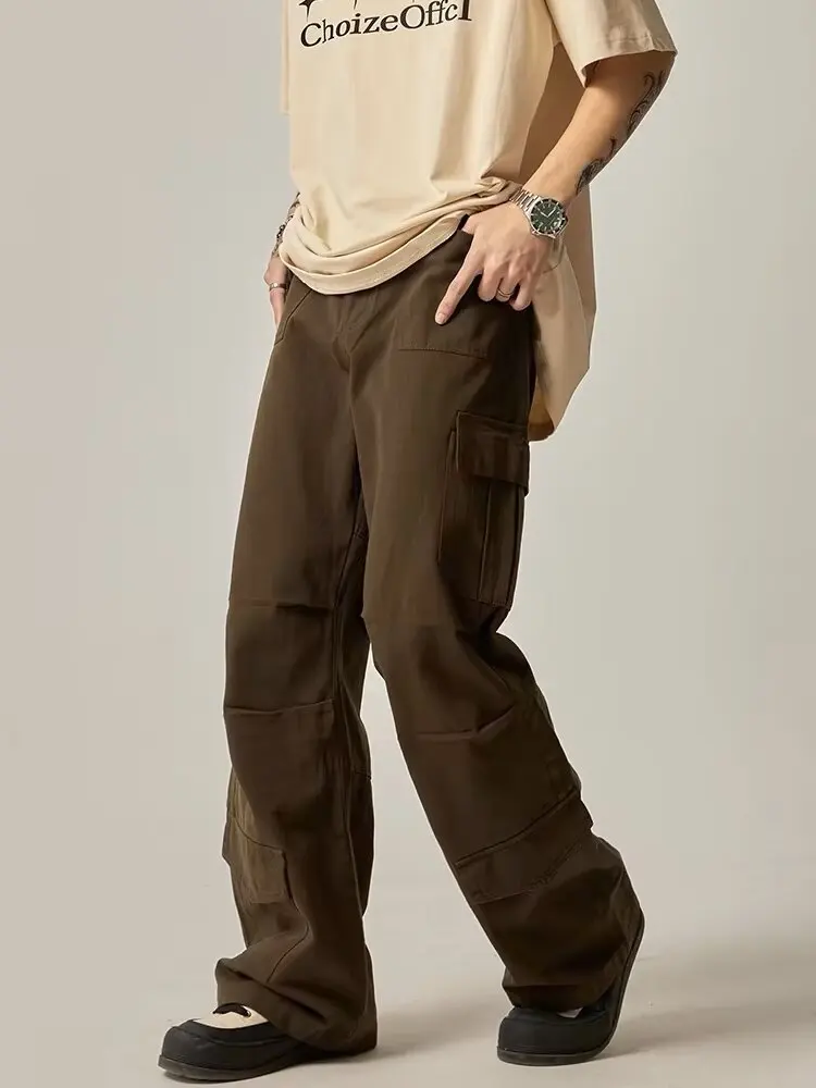 

2025 Korean version New Fashion Men's Solid Color Loose Multi Pockets Casual Trendy Wide Leg Loose Straight Cargo Trousers Male
