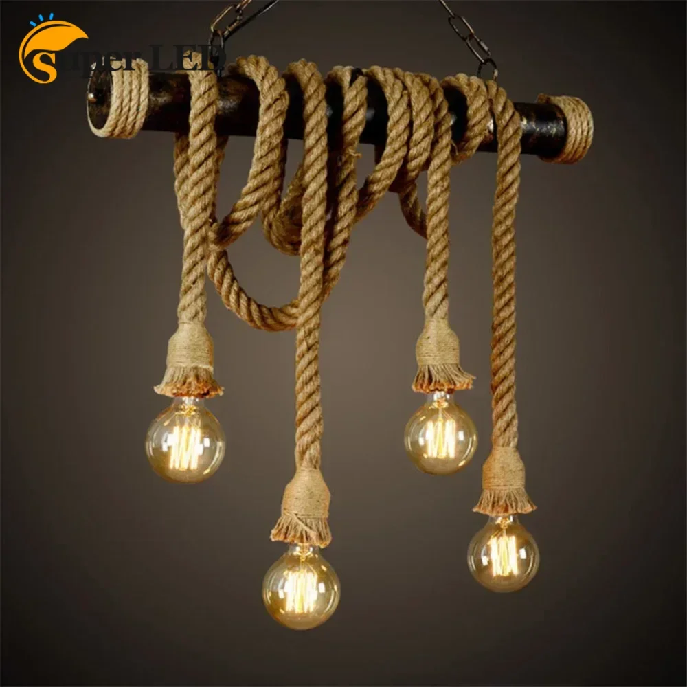 

Retro Vintage Hemp Rope Pendant Light American Industrial Hanging Lamps Creative Loft Country Style Ceiling Lamps E27 Edison LED