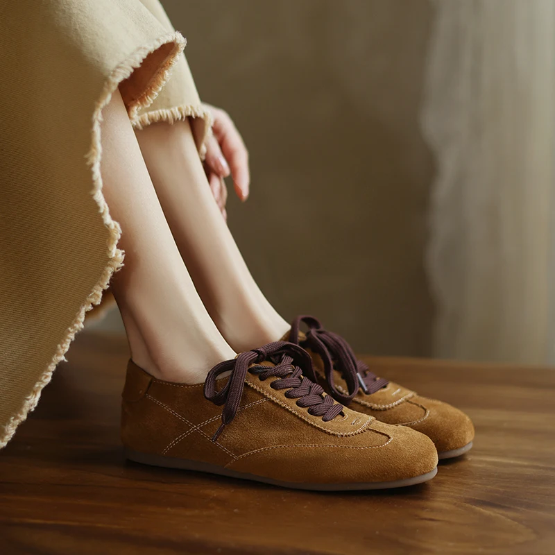 Retro Cow Suede Leather Casual Loafers for Women Flats Shoes Lace-Up Low Heels Spring Shoes 2025 Soft Office Dress Size 35-42