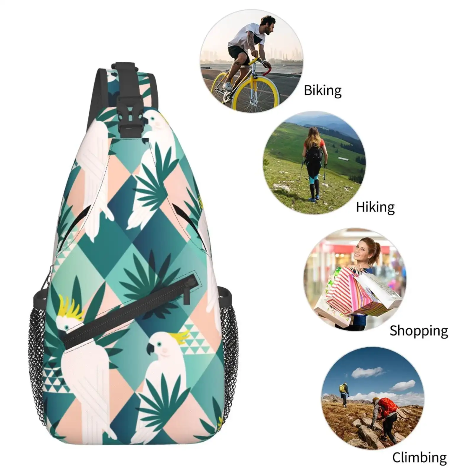 กระเป๋าสะพายข้างสำหรับผู้ชาย, กระเป๋าคาดเอวสีขาวลายนกค็อกคาตูสุดเก๋, กระเป๋าสะพายไหล่, กระเป๋าออกกำลังกายขนาดเล็ก, กระเป๋าสะพายข้างกันขโมย