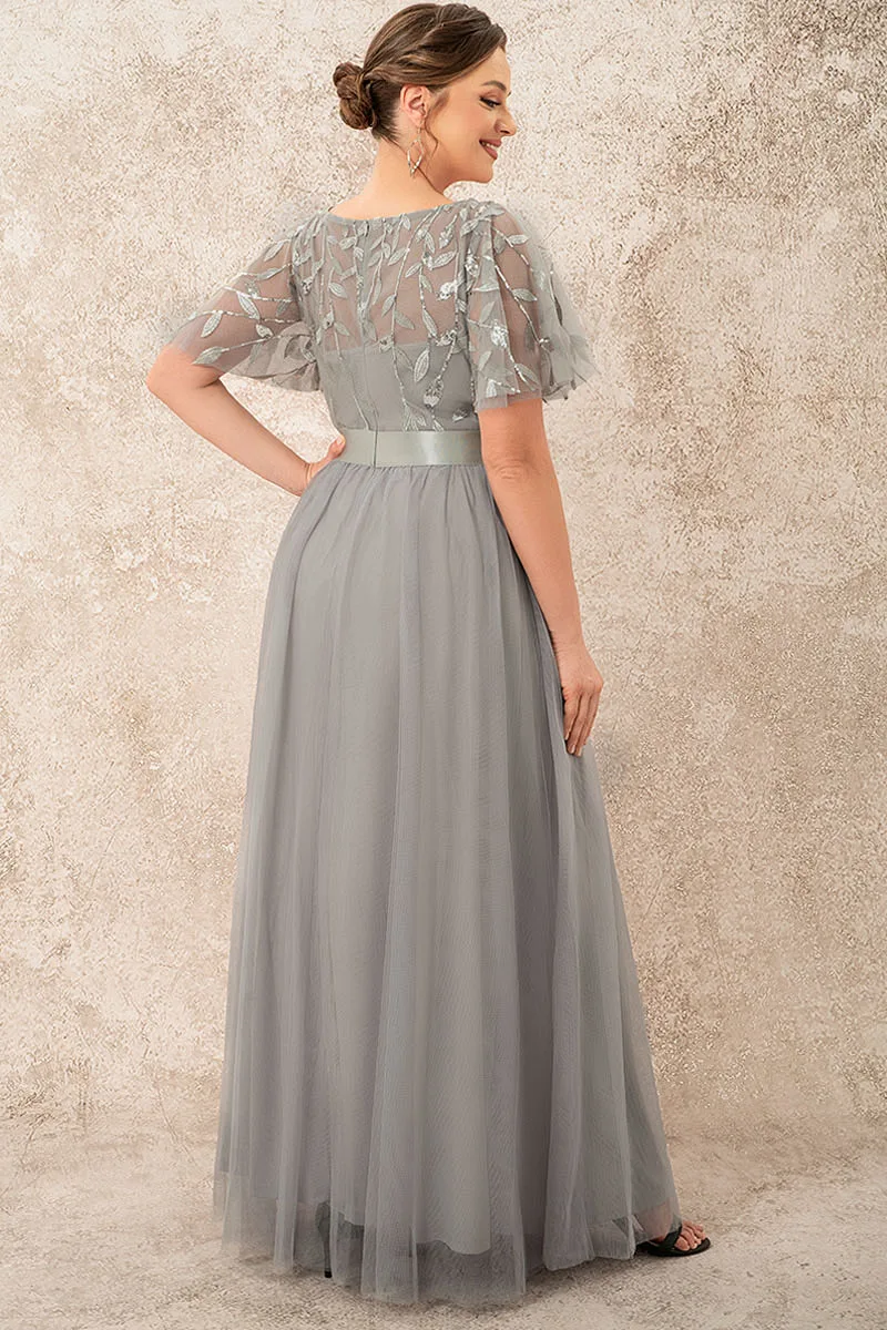 Flycurvy Plus Size Evening Gowns Grey Embroidery Butterfly Sleeves Maxi Dress