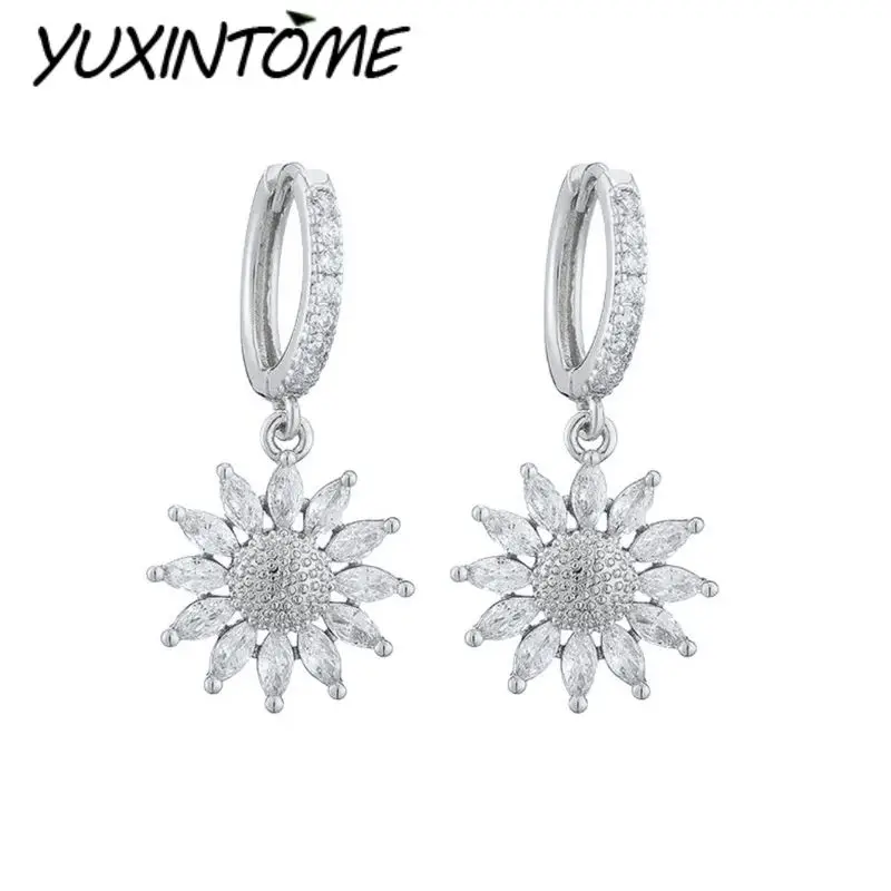 

925 Sterling Silver Ear Needle Light Luxury Niche Bright Flower Zircon Pendant Hoop Earrings Women's Fashion Earrings Jewelry
