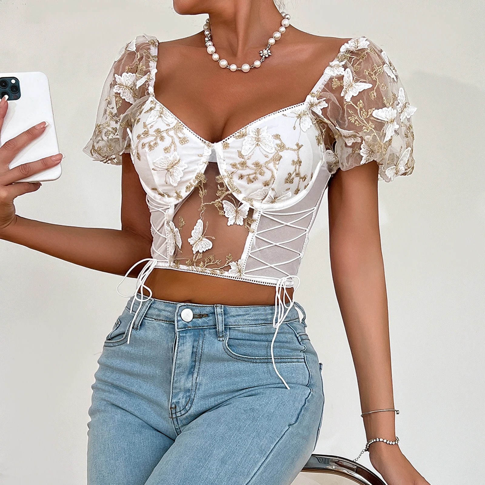 Women Vintage Butterfly Floral Embroidery Crop Top Summer V Neck Puff Sleeve Sheer Mesh T-Shirt Tie-up Slim Bustier Corset Tops