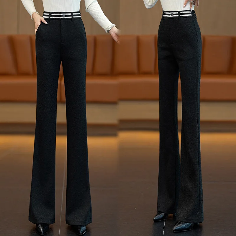 

Элегантные шерстяные расклешенные брюки для женщин, осенне-зимняя новая мода, тренд расклешенных брюк с высокой талией для похудения