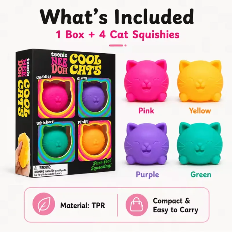Needoh 4 Pack Teenie Cool Cats Squish Calmer Soft Squish Gadgets Anxiety Non-toxic TPR Tactile Orbs for ADHD & Autism Presents
