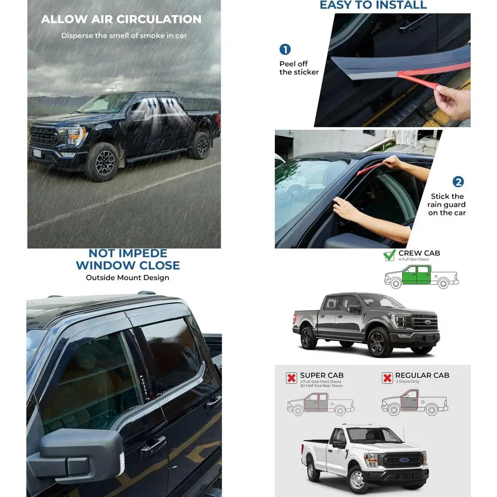 

Low Profile Vent Visor Compatible with 2015-2024 Ford F150, 2017-2024 F-150 Raptor Crew Cab, Outside Mount Car Window Rain Guard