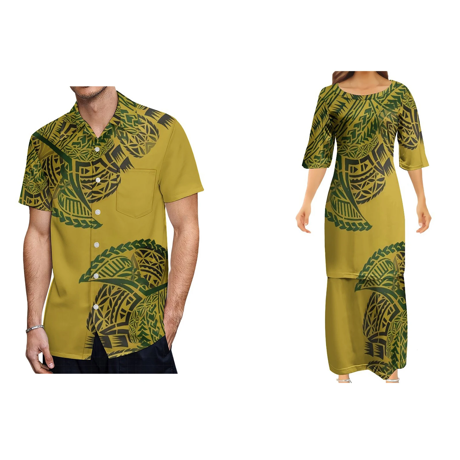 

Wholesale Pacific Island High Quality 7XL Samoa Tribal Puletasi Dresses Customized On Demand Polynesian Ethnic Style Couple Suit