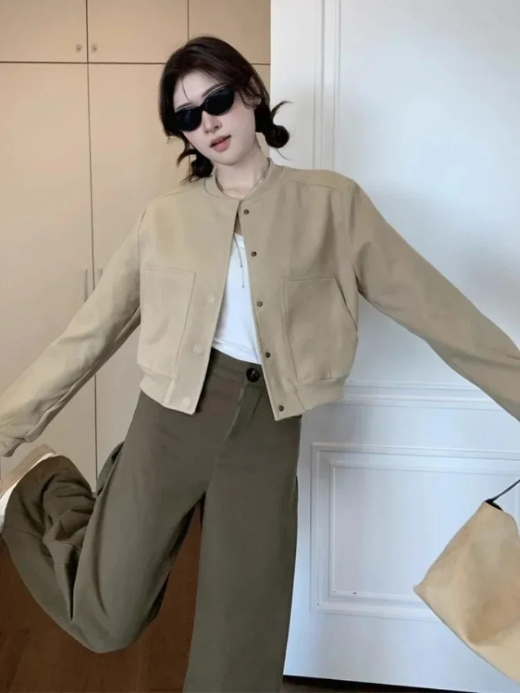 

Ropa Mujer 2024, винтажные куртки, женские свободные укороченные топы с длинными рукавами, винтажные однотонные верхние одежды с круглым вырезом на молнии, повседневные шикарные пальто