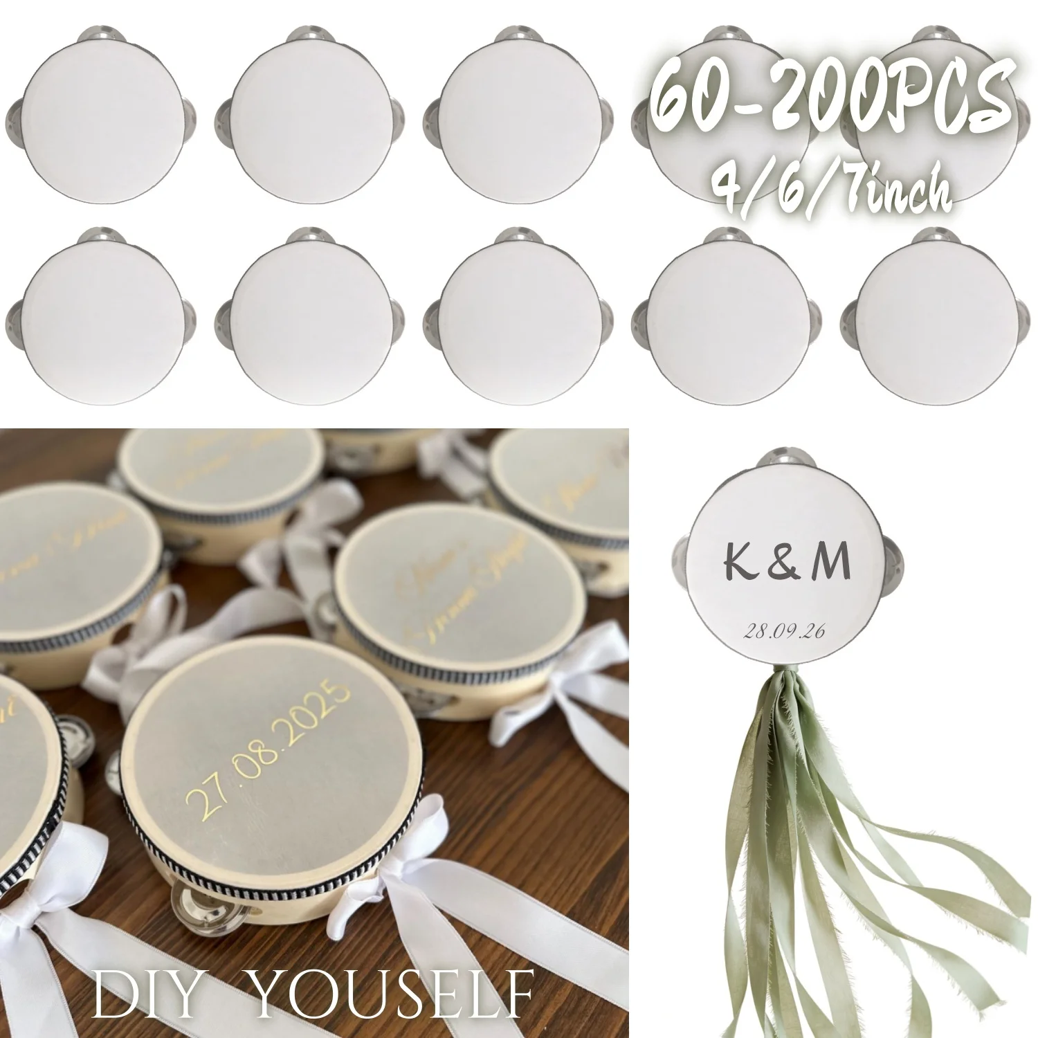 60-200PCS Bruiloft Tamboerijn Drum Lawaaimakers Dansvloer Props Bruiloft Gast Geschenken 4-7inch