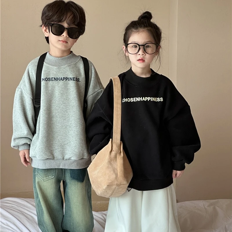 

Winter Autumn Children's Clothing Top Kid Plush Sweater Baby Boys and Girls Front and Back Letter Half High Collar Pullover Top