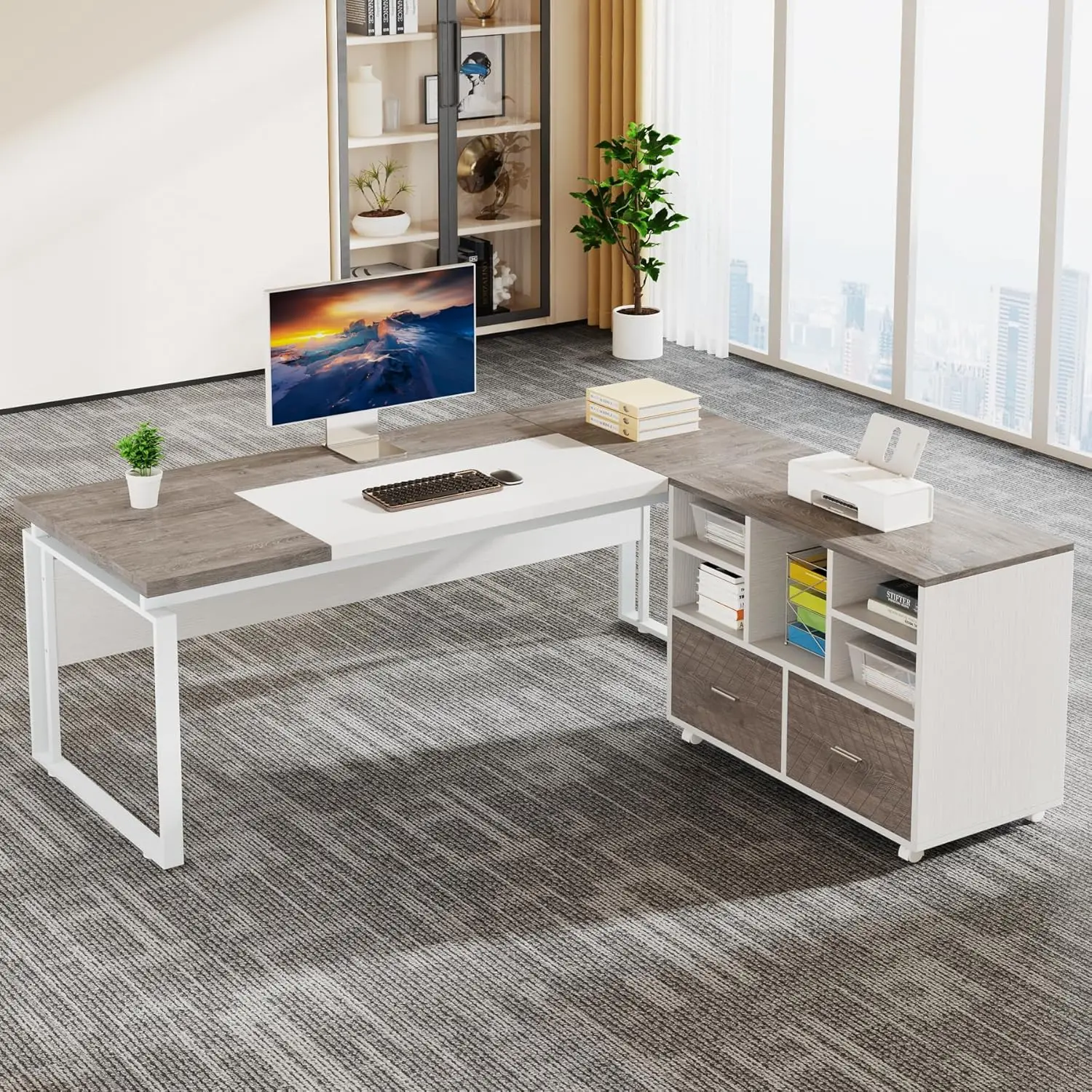 Tribesigns L-Shaped Executive Desk with Reversible File Cabinet, 63