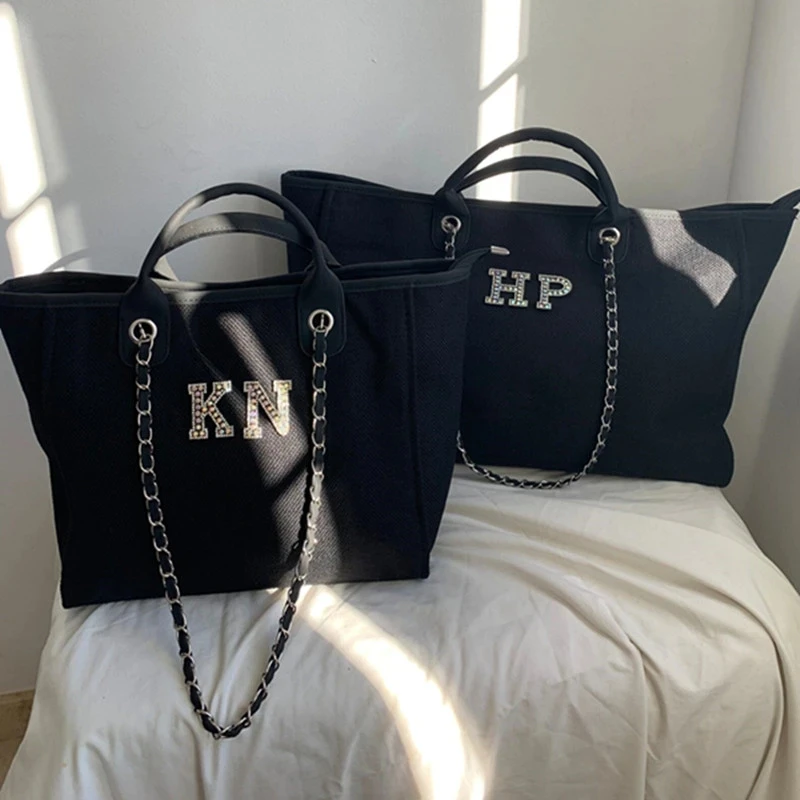Personalized Black Tote Bag Bride Tote Pearl Letters Honeymoon Bag Mother\'s day Gifts for Her Birthday Bridal Shower Gift