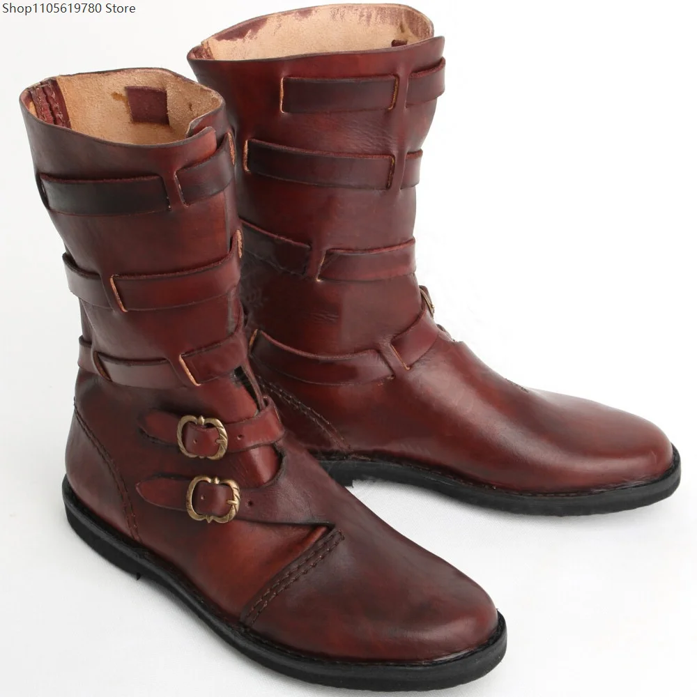 2026 New Men Medieval Renaissance Viking Mid Calf Boots Multi Metal Buckle Vintage Design Plus Size Cosplay Costume Boots Party