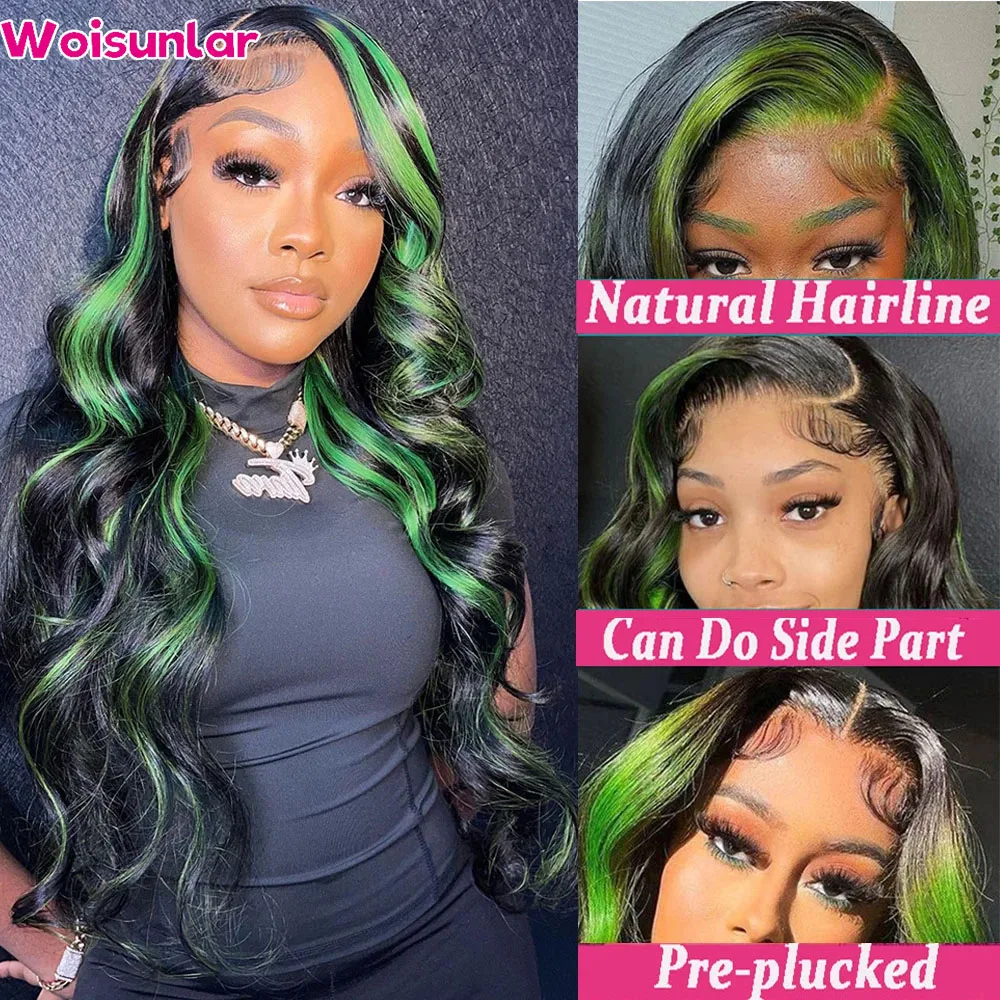 Highlight Green Body Wave Lace Frontal Wig Transparent lace front wig Black women hair 4x4 5x5 lace closure Hair Wig 32 36 inch