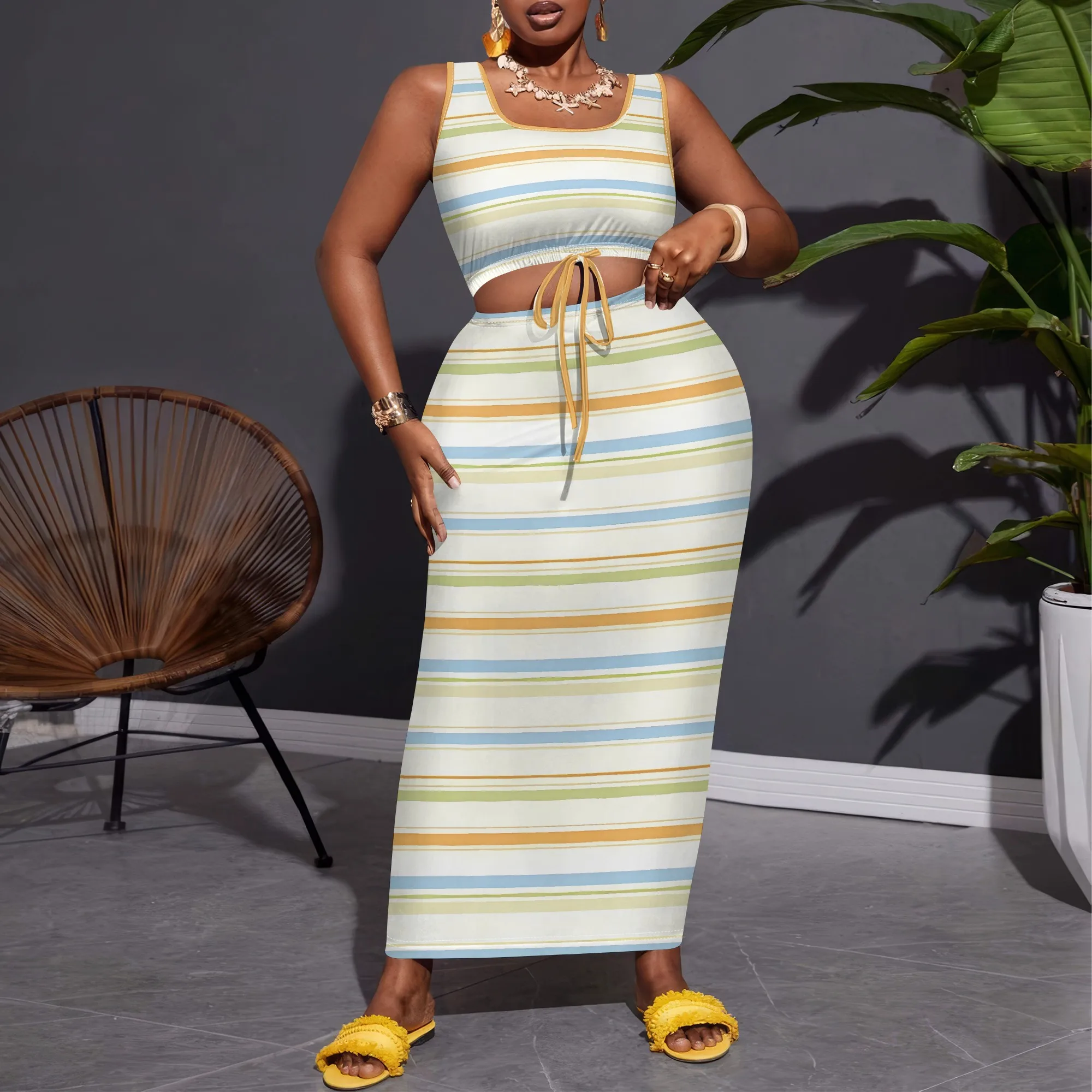 

EQQZD Stylish Casual Plus Size Two-piece Vest Set, Modern Minimalist Striped Print Two-piece Set for Women