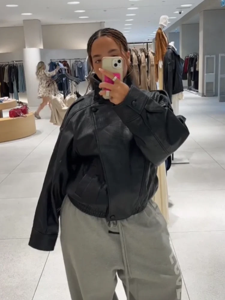 Street Belt Leather Women's Jacket Full Sleeve Double Breasted Lapel Female Coat 2025 Autumn Fashion Pu Loose Lady Outwear