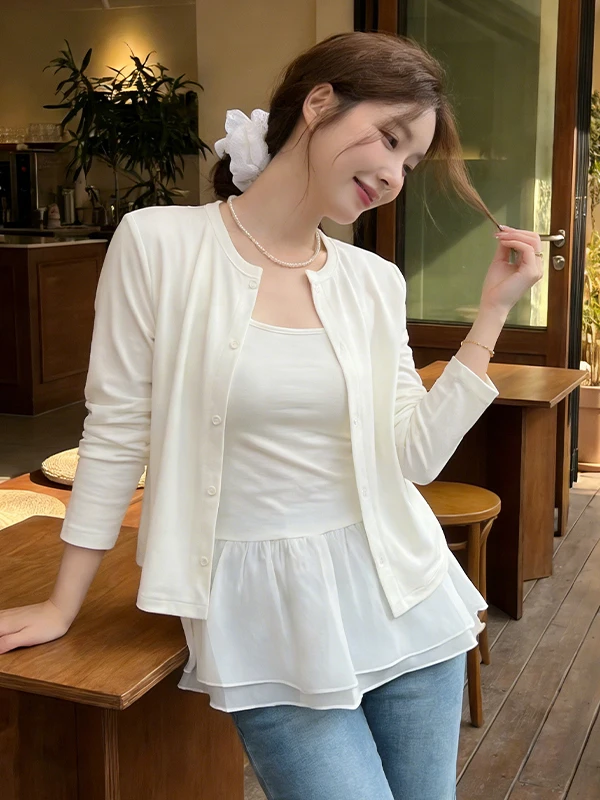 

Spring Summer 2026 White round Ne Long Sve Blouse And Vest Two Piece Set Women's Faion Collection Le Detail