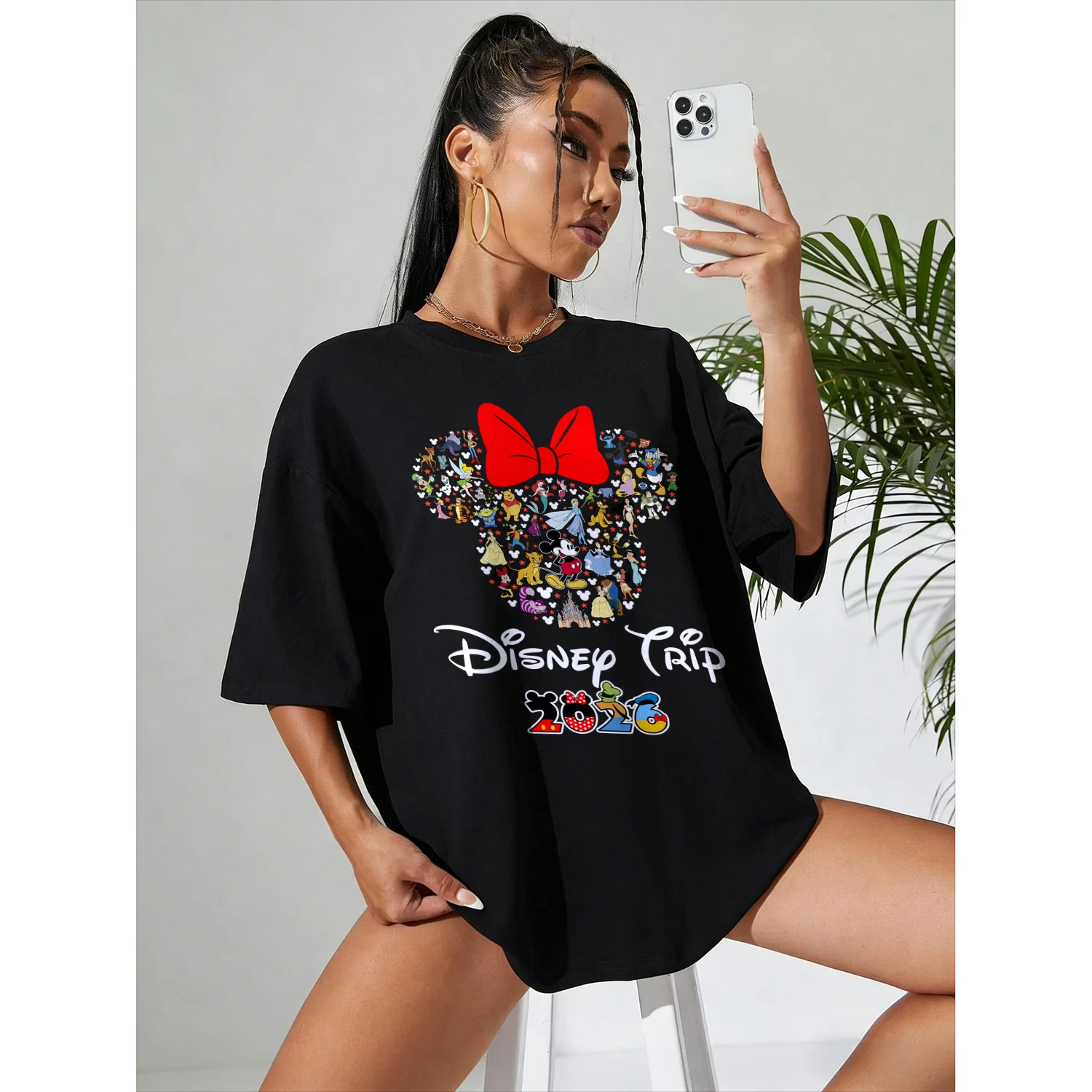 

Лето 2026, футболка с рисунком Микки Диснея, костюм для родителей и детей, высококачественный хлопковый свободный классический топ с короткими рукавами, дышащий унисекс