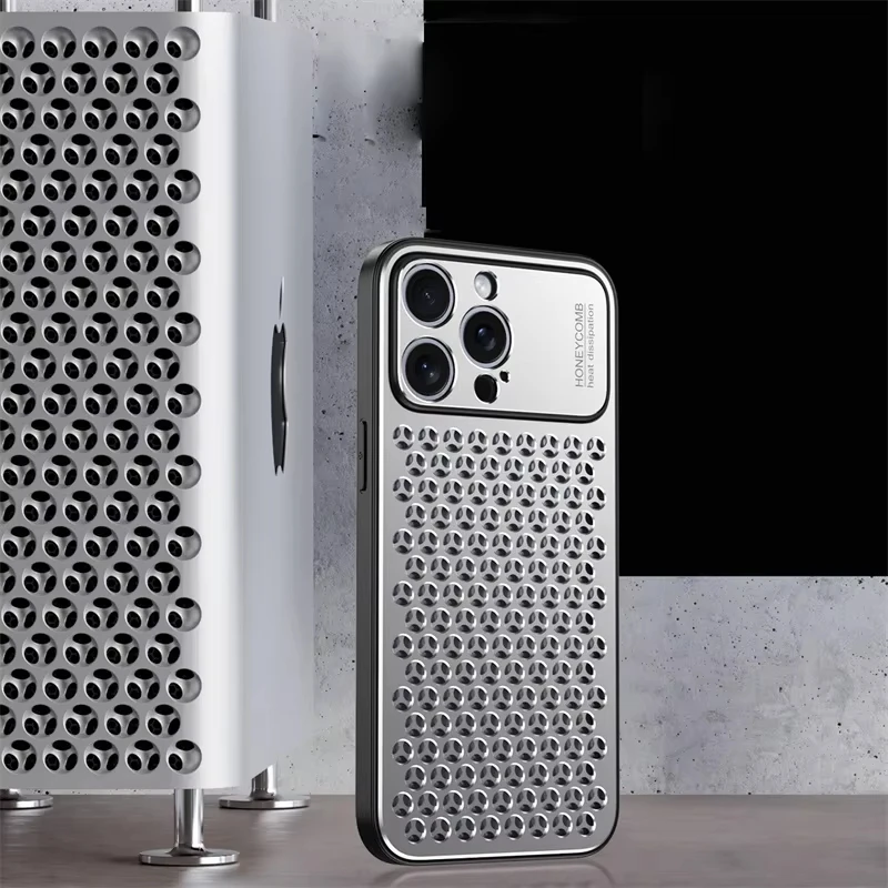 Fashionable Metal Aluminum Alloy Back Panel Honeycomb Heat Dissipation For iPhone 15 14 Plus 13 Pro Max Large Window Back Cover