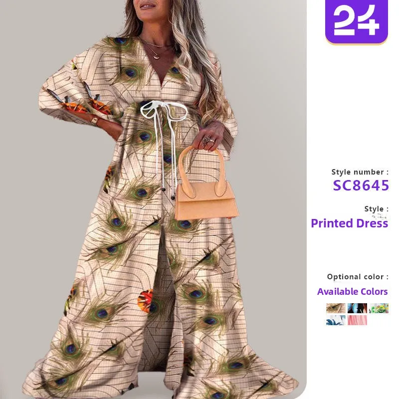 فستان صيفي 2025 بياقة على شكل V مع طباعة وأكمام ثلاثة أرباع وخصر مرتفع وتنورة على شكل حرف A بأسلوب عملي أساسي