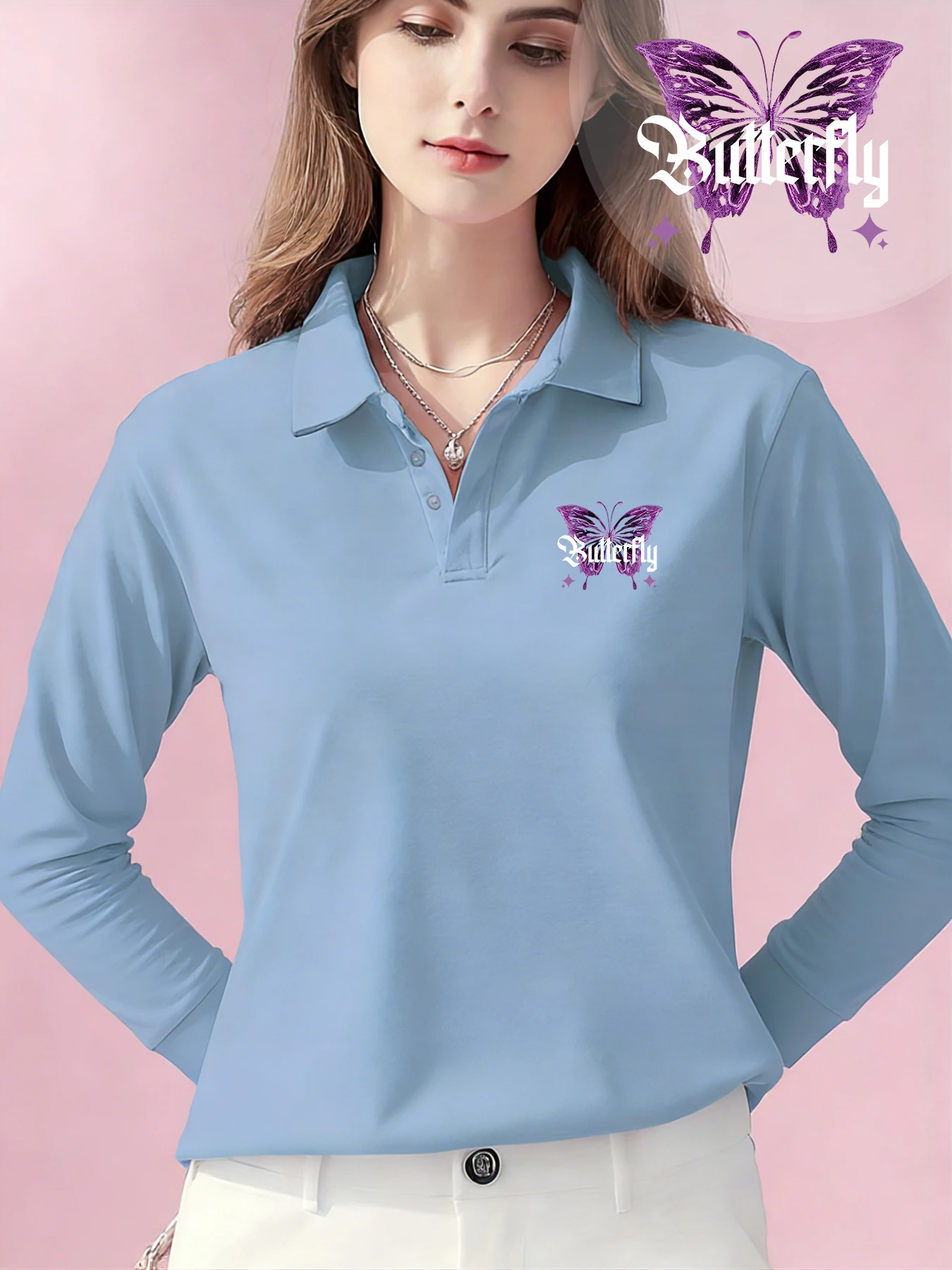 Damen Langarm-Poloshirt Orange Schmetterling-Motiv Weißer Umriss Modisch Lässige Passform Stoff Alltäglich Casual Büro Damen-Oberteil