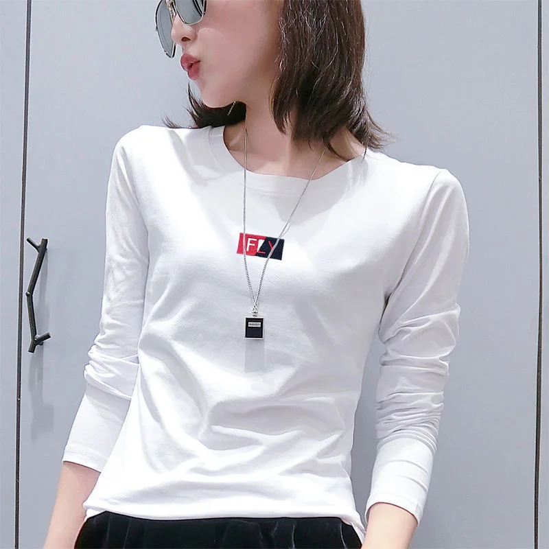 Fashion Letter Embroidery Casual Long Sleeve T-Shirt Female Clothing 2023 Autumn New All-match Tops Korean Solid Color Tee Shirt